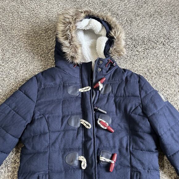 Superdry Tall Marl Toggle Puffer Jacket US 10 Navy Blue Hooded Faux Fur Trim - Picture 2 of 9